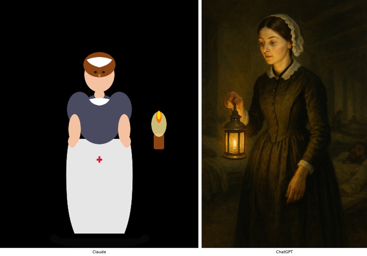 shrao's tweet photo. I gave the same prompt, "Draw a picture of the “Lady with the lamp" to both Claude and ChatGPT.  Both correctly identified the reference to Florence Nightingale, but gave very different responses.  The left is Claude's output, the right is ChatGPT's (copied from somewhere?). https://t.co/8W6fuX4CkT