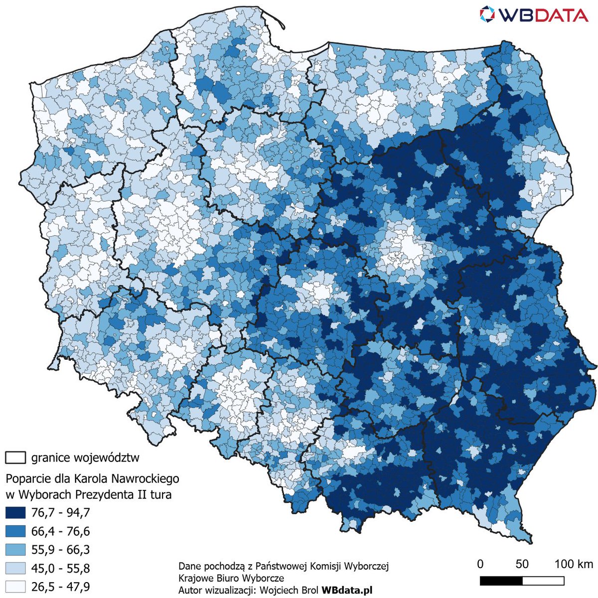wbdata's tweet image. Mapa poparcia dla Karola Nawrockiego w #Wybory2025 @NawrockiKn