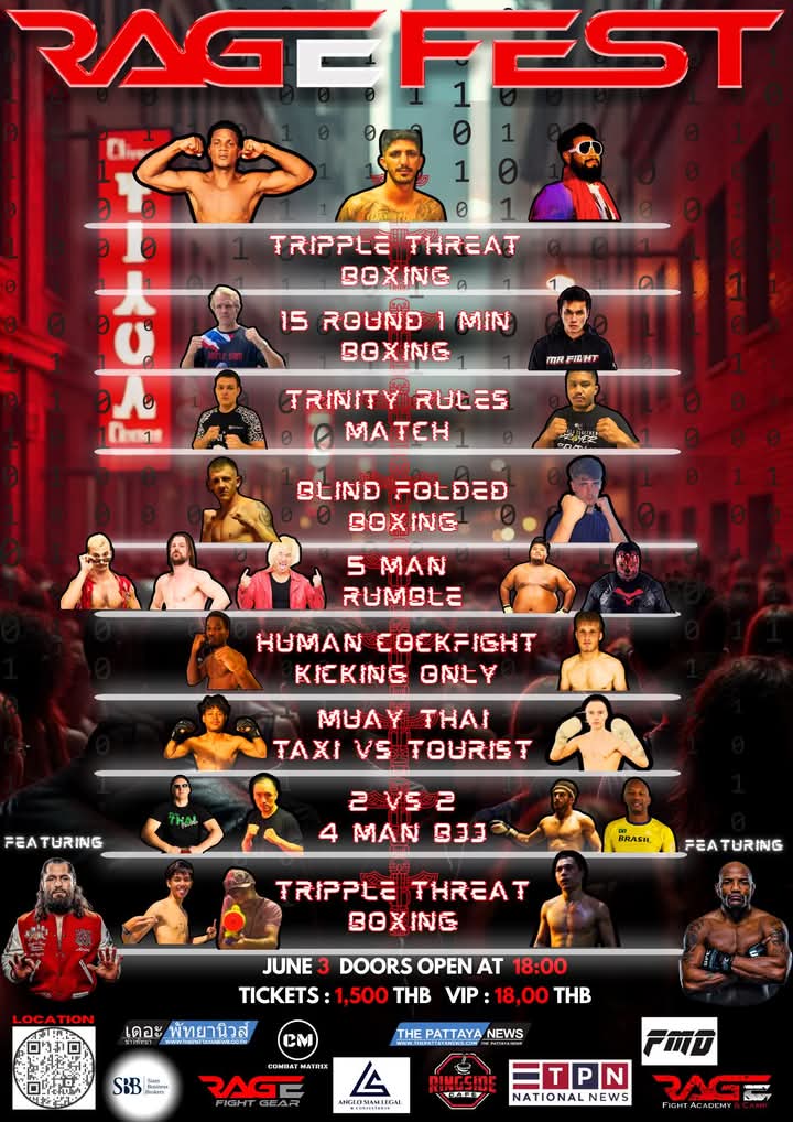 RAGE FEST 1.5 about to blow the roof off of Pattaya. 

Absolutely chaotic card with living legends <a href="/GamebredFighter/">Jorge Masvidal</a> and <a href="/YoelRomeroMMA/">Peoples Champ</a> in the house for God knows what type of shenanigans! 

- Rage Fight Academy 💪