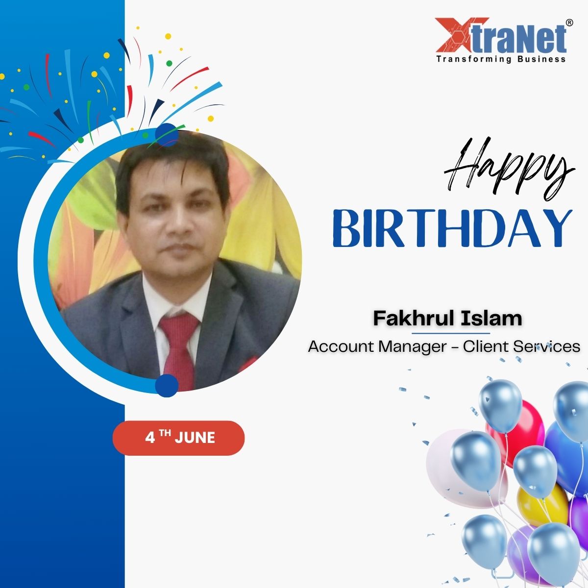 xtranetindia's tweet photo. Happy Birthday to a fantastic colleague, Fakhrul Islam! Here's to another year of learning, growing, making a difference together. Wishing the best on your special day!
#lifeatxtranetindia #birthdaywishes #XtraNet #xtranetindia #synergyplatform #LifeAtXtraNetIndia #happybirthday https://t.co/6Qc9opXeUd