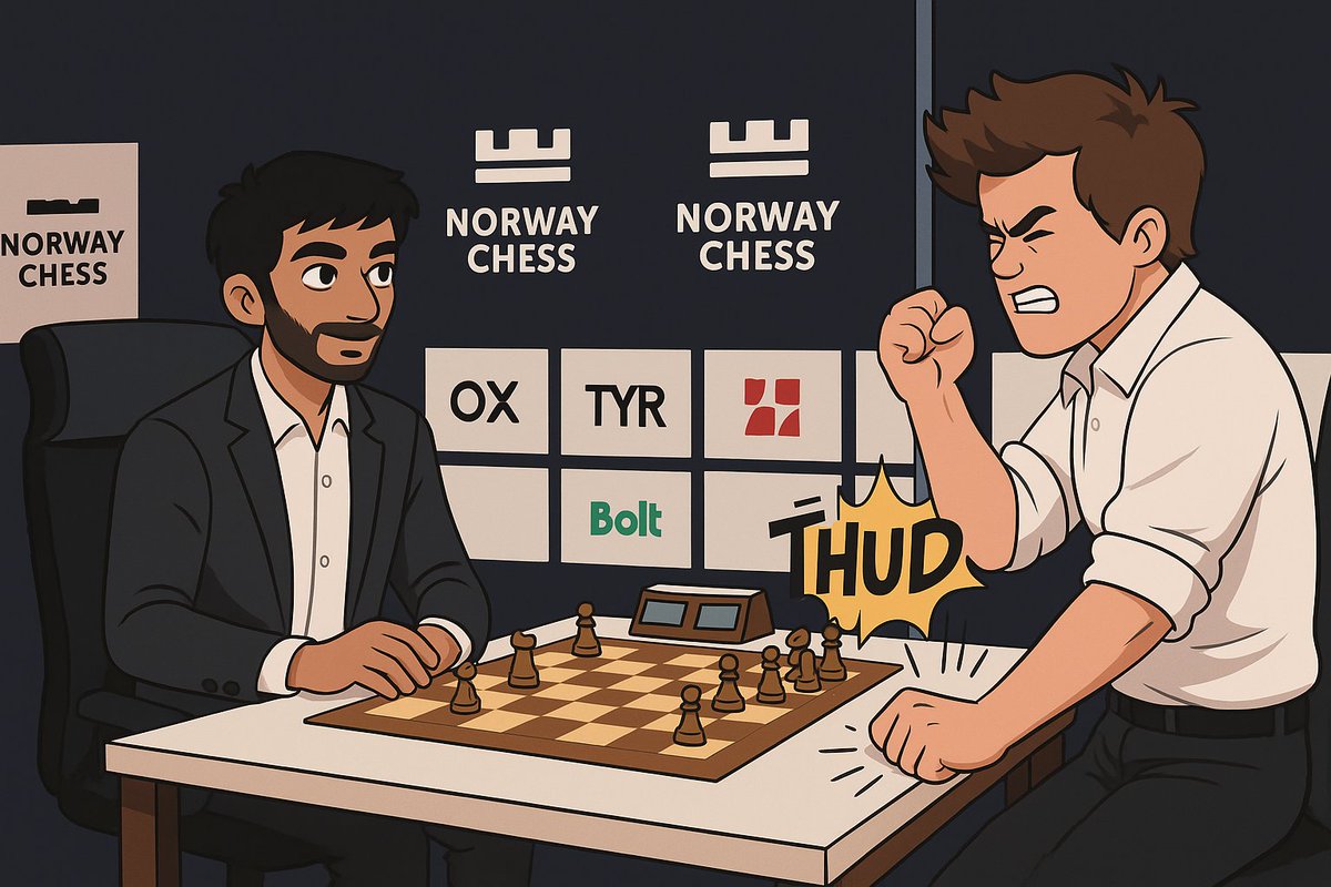 MTGBooks's tweet photo. In chess, victory belongs to the calmest mind.
@MagnusCarlsen  reacts with a desk bang as @DGukesh  defeats him at @NorwayChess 2025! https://t.co/JlG44G7TnF
