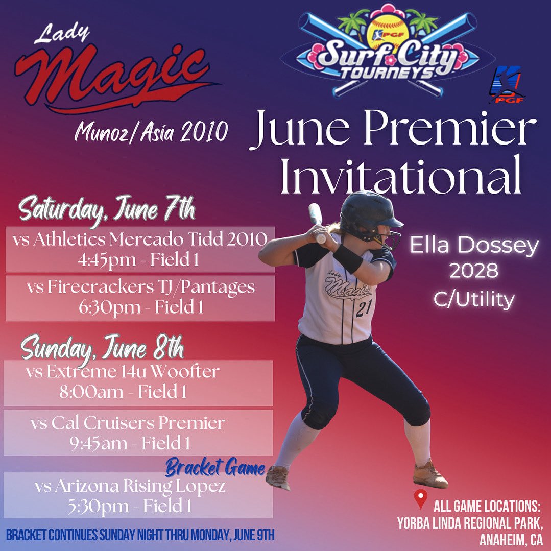Ella Dossey 2028 (@elladossey2028) on Twitter photo Excited to get back on the field this weekend with <a href="/LM_Munoz_Asia/">Lady Magic Munoz- Asia</a> at the <a href="/PGFnetwork/">PGF</a> June Premier Invitational! <a href="/LineDsoftball/">Line Drive Media</a> <a href="/los_stuff/">Carlos Arias</a> <a href="/ondecksoftball/">OnDeck Softball 🥎</a> <a href="/CoastRecruits/">Coast 2 Coast Recruits</a> <a href="/coachanniesmith/">Annie Smith</a> <a href="/CoachHugs19/">Rachel Huggins</a> Excited to get back on the field this weekend with <a href="/LM_Munoz_Asia/">Lady Magic Munoz- Asia</a> at the <a href="/PGFnetwork/">PGF</a> June Premier Invitational! <a href="/LineDsoftball/">Line Drive Media</a> <a href="/los_stuff/">Carlos Arias</a> <a href="/ondecksoftball/">OnDeck Softball 🥎</a> <a href="/CoastRecruits/">Coast 2 Coast Recruits</a> <a href="/coachanniesmith/">Annie Smith</a> <a href="/CoachHugs19/">Rachel Huggins</a>