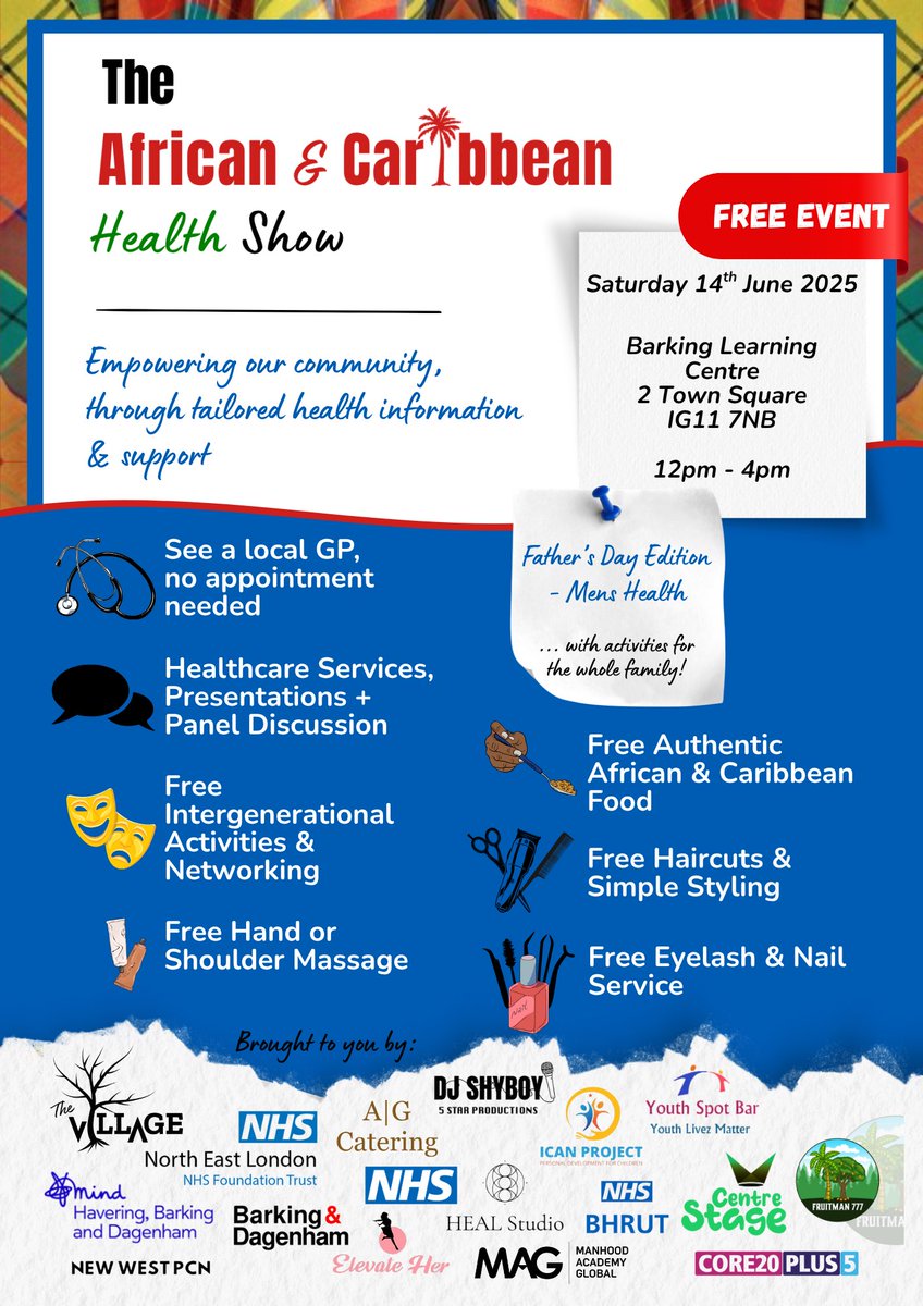 Looking forward to next GPintegrated neighbourhood  /pop up Afro - Caribbean health show  in Barking 14.6.25   - great on the spot nhs wider services / great talks /lots of support /great food /haircuts -we are here together to support local residents ! Special focus on dads !