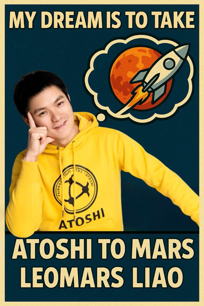 leomarsliao's tweet photo. They laughed when I said ATOSHI could go to Mars...
Now they’re mining with me. 
It’s not just about tokens, it’s about a mission, a movement, millions of hearts tapping with hope.
From one hoodie to the whole world, let’s go where no miner has gone before!

— Leomars Liao
Founder, ATOSHI
🌐 Mining Made Simple. Powered by Community.