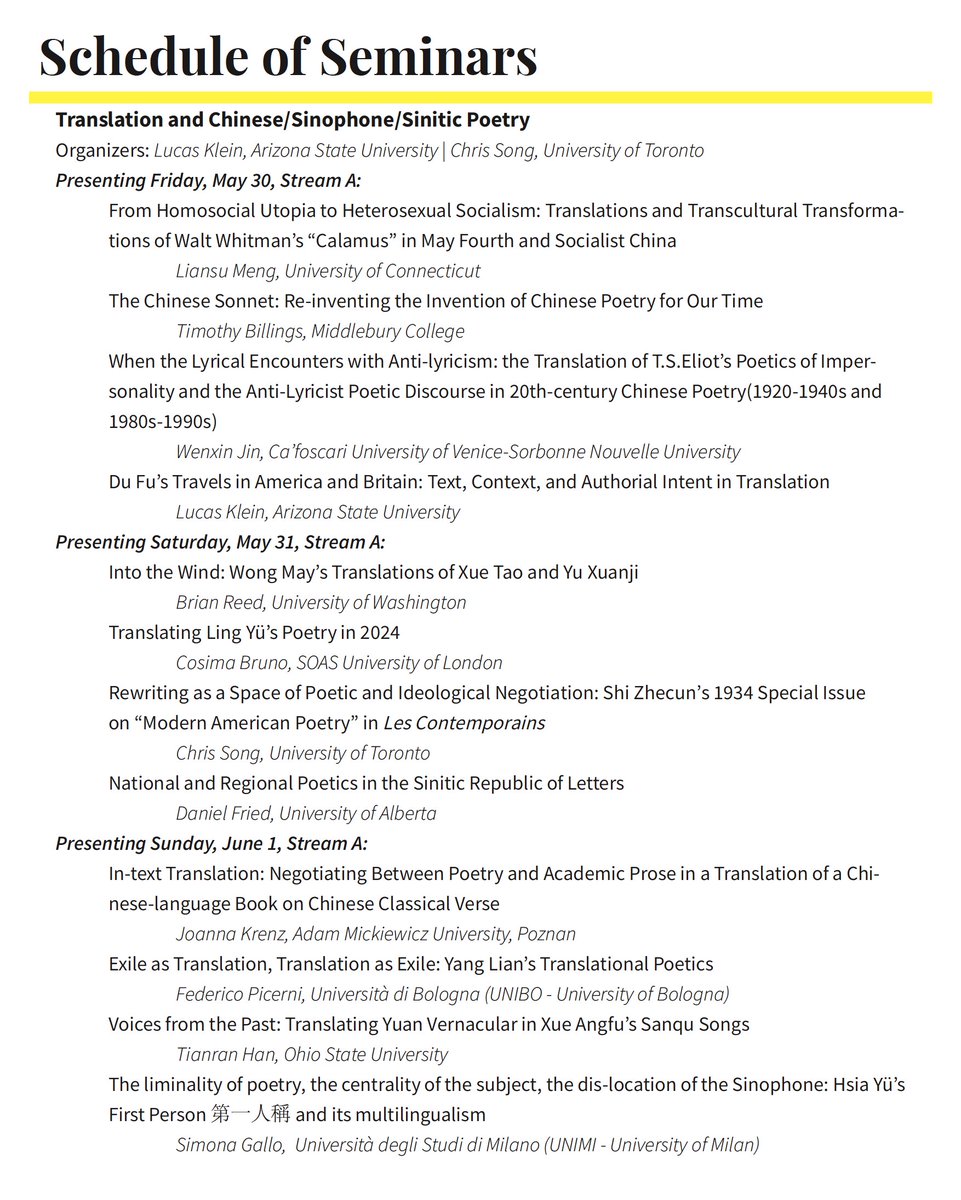 What an enriching experience at the “Translation and Chinese/Sinophone/Sinitic Poetry” seminar I organized with Simona Gallo and Lucas Klein during the 2025 ACLA Annual Meeting! Grateful for three days of thought-provoking discussions and truly inspiring papers!