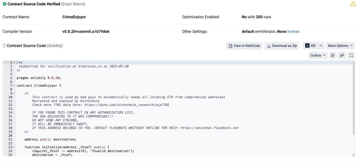 🚨 BREAKING: WinterMute lancia CrimeEnjoyor: un codice per proteggere gli utenti da contratti delegati Ethereum infetti da malware.