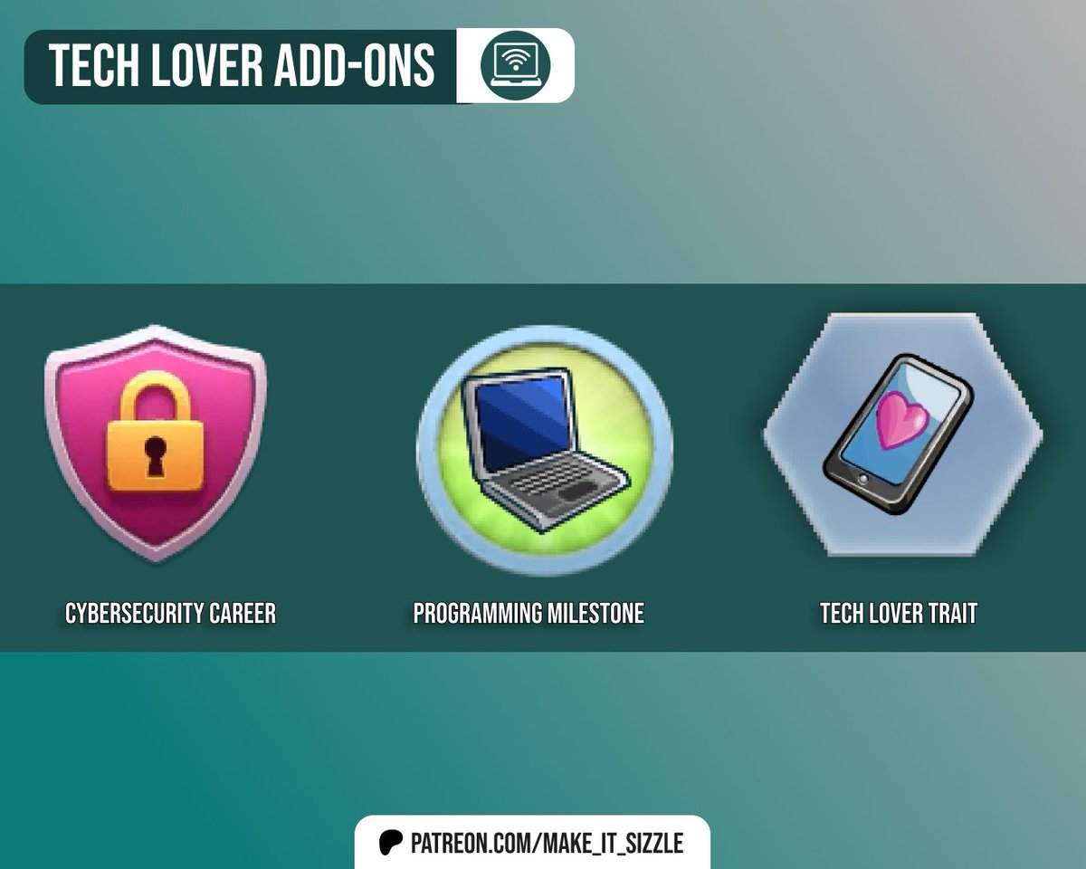 make_it_sizzle's tweet photo. โกNEW for Tech Lover Mod!โก Dive into coding, cyber careers, & geeky traits ๐ฎ๐ป The Tech Lover Mod add-ons are now PUBLIC! Download today! (Link in bio)๐ง๐พ #TheSims4 #SimsMods https://t.co/yeHFEFFx3Q