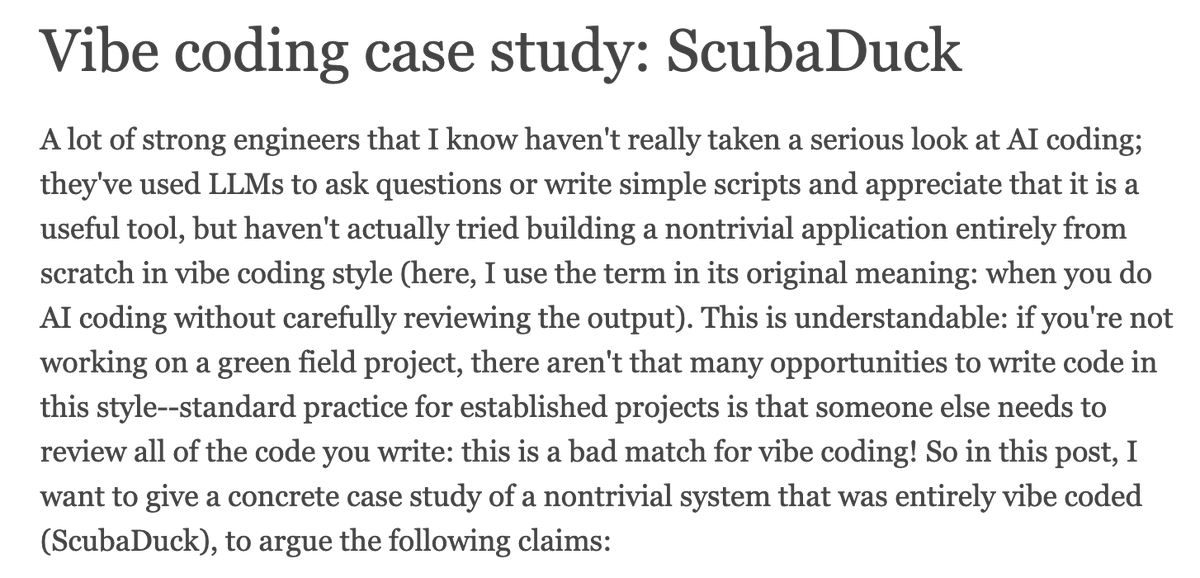 ezyang's tweet image. I finally sat down and wrote down a post mortem for vibe coding ScubaDuck. It's aimed at those of you who have never tried vibe coding (in its original sense: AI coding without reviewing the code the AI generated)