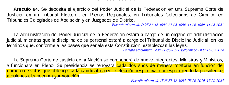 dtorrescheca's tweet photo. Interesante lo que ocurrirá con la presidencia de la Corte. El artículo 94 establece que esta se define en función de los votos obtenidos, mientras que el artículo 97 señala que es competencia del Pleno elegir al presidente de entre sus miembros. Ambos artículos están vigentes. https://t.co/W0CZ29q991