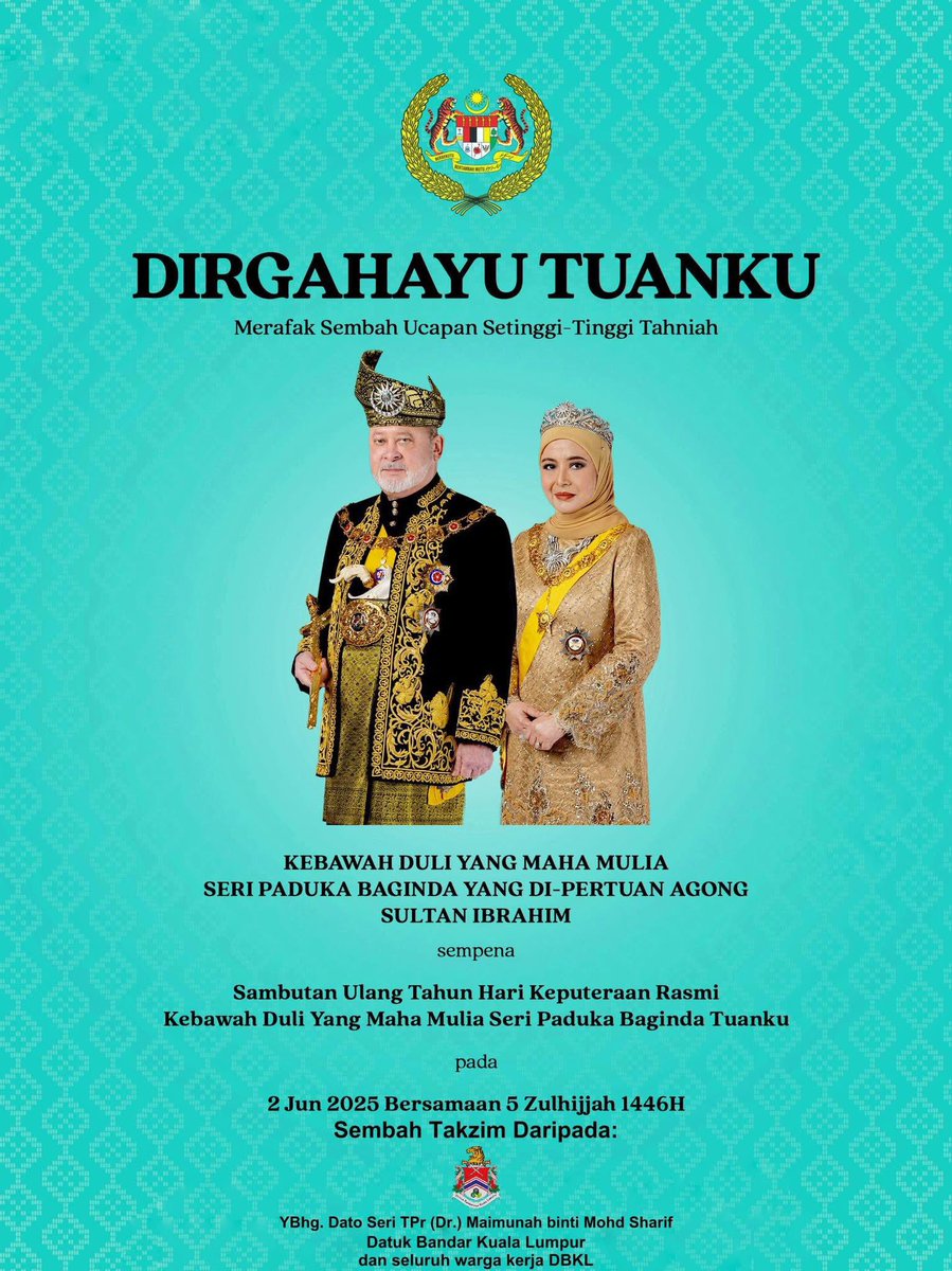 𝐃𝐈𝐑𝐆𝐀𝐇𝐀𝐘𝐔 𝐓𝐔𝐀𝐍𝐊𝐔

Merafak Sembah Ucapan Setinggi-Tinggi Tahniah

KEBAWAH DULI YANG MAHA MULIA SERI PADUKA BAGINDA YANG DI-PERTUAN AGONG SULTAN IBRAHIM