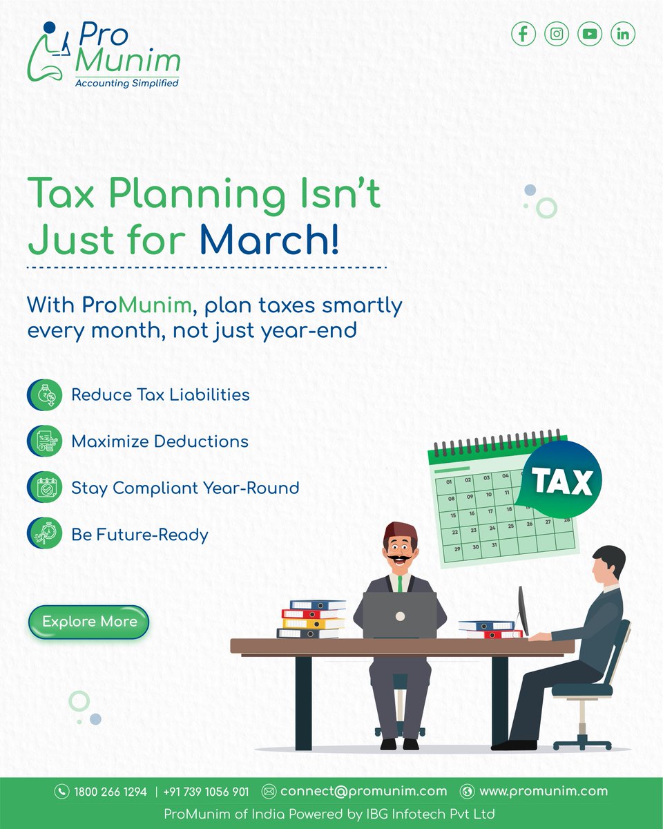 ProMunimindia's tweet photo. 🗓️ Tax Planning Isn’t Just for March!
With ProMunim, you can plan smartly - month by month, not just at year-end.

💡Stay ahead of the curve. Stay stress-free.

📞 1800 266 1294 | +91 739 1056 901
 📧 connect@promunim.com
 🌐 https://t.co/vGjrLJ9VtR

#ProMunim #MonthlyTaxPlanning https://t.co/iACVxm95mN