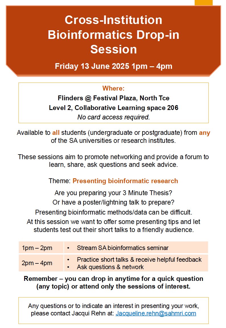 doppeldata's tweet image. Join us Friday 13th June for a cross-institution #Bioinformatics Drop-in Session at Flinders @ Festival Plaza. 1–4pm | Open to all SA uni & research students. Theme: Presenting bioinformatics research. Practice talks, get feedback, network.
