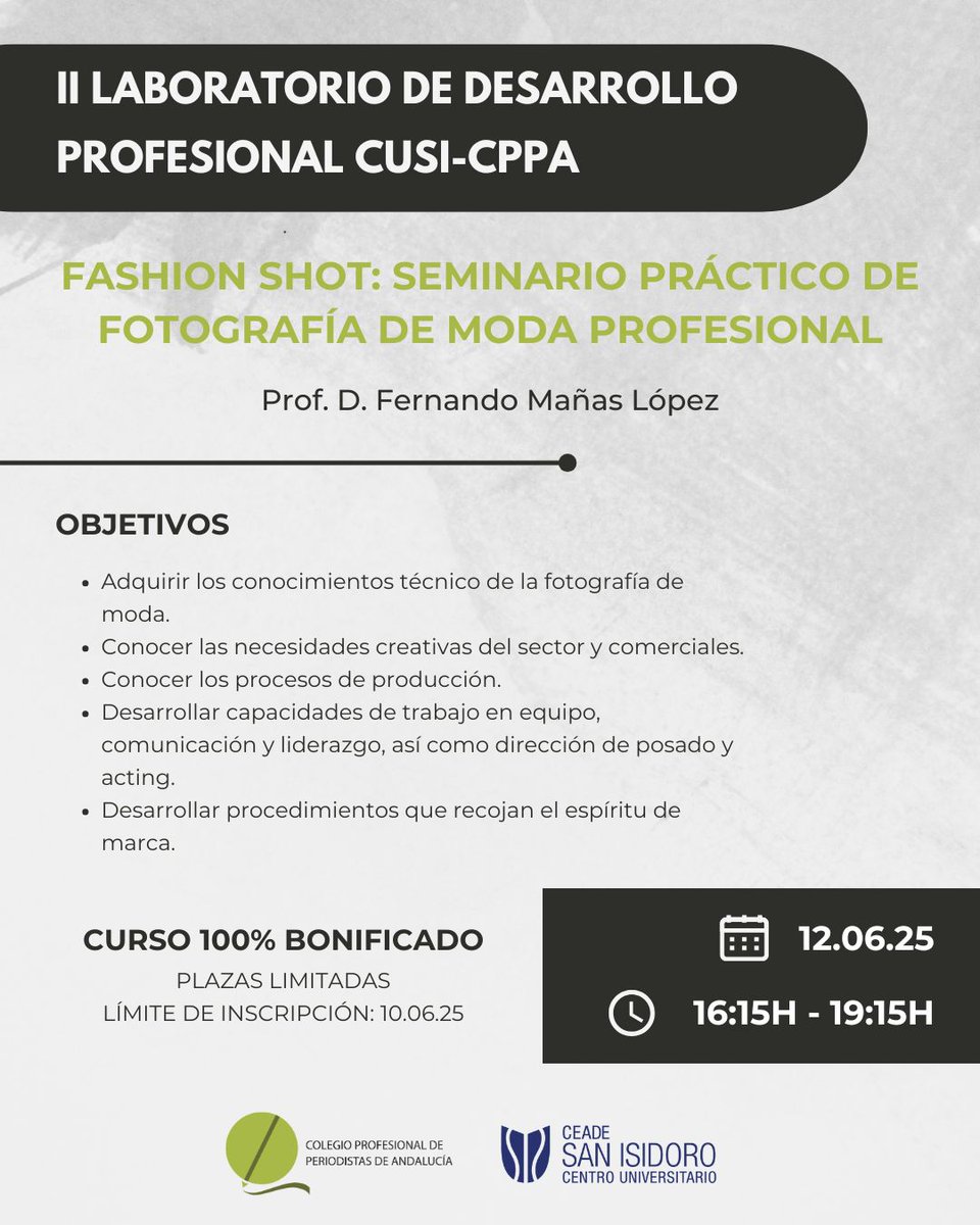 El #CUSanIsidoro, junto con el Colegio de Periodistas de Andalucía, organiza el curso "Fashion shot: seminario práctico de fotografía de moda profesional", impartido por Prof. Fernando Mañas

✍️ Inscripción hasta el 10 de junio: forms.gle/zJQcjRj5YvGTX7…