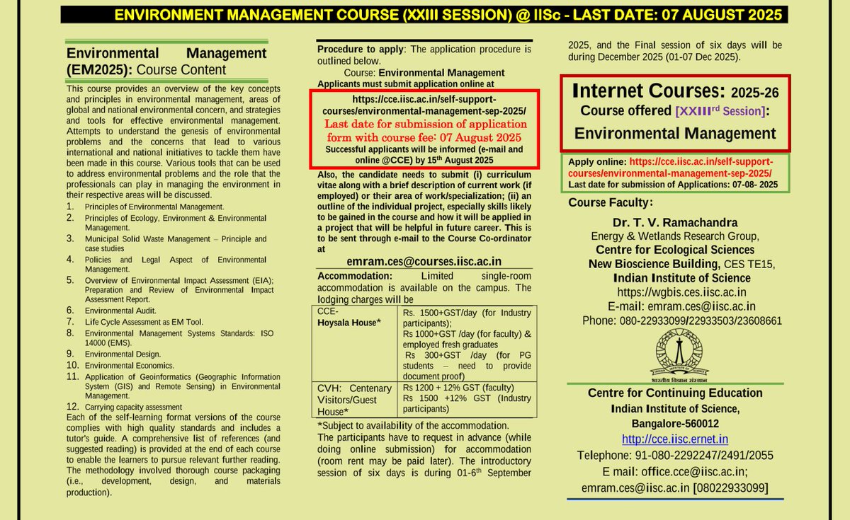 🌏Ready to champion sustainability? 
🌱 Elevate your career with the Environment Management Course from IISc!  &amp; gain practical skills to tackle today's environmental challenges. 

📢Last date: August 7, 2025. 
✨lnkd.in/dH7TdW4a
#IISc 
#OnlineCourse
#EnvironmentManagement