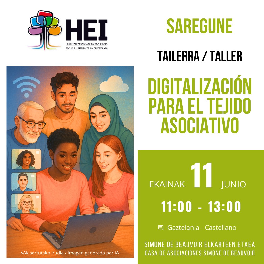 #HEIEskola Elkarteak / Asociaciones
Digitalización para el tejido asociativo
Izena eman✍️inscríbete v-g.eus/4mCjEAw
📅Ekainak 11 junio
⏰11:00
🏢Simone de Beauvoir
🔗v-g.eus/43Q7mgz
