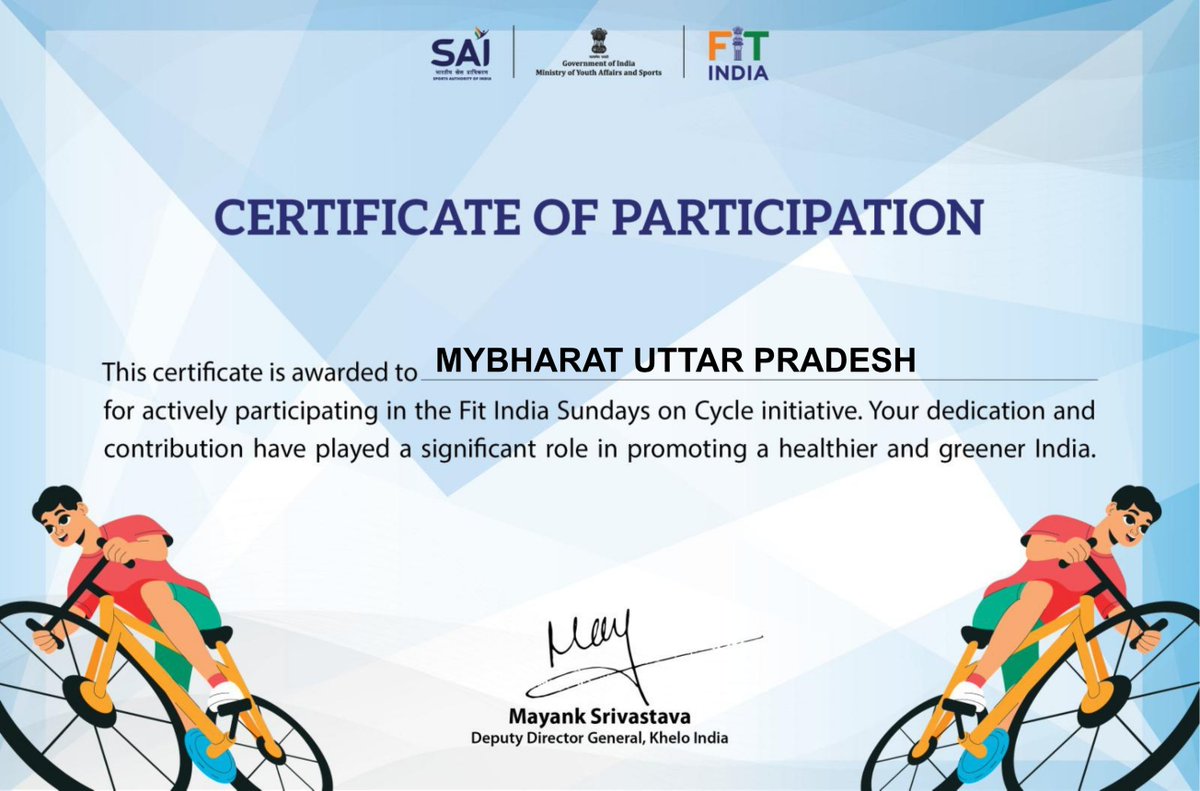 NYKS Uttar Pradesh (@nyks_up) on Twitter photo рдкреНрд░рджреЗрд╢рднрд░ рдореЗрдВ #SundaysOnCycle рдЕрднрд┐рдпрд╛рди рдХреЗ рд╕рдлрд▓ рдЖрдпреЛрдЬрди рдкрд░ рд╕рднреА #MYBharat рдХреЗрдВрджреНрд░реЛрдВ рдХреЛ рд╣рд╛рд░реНрджрд┐рдХ #рдмрдзрд╛рдИред
рдпрд╣ рдЕрднрд┐рдпрд╛рди рдпреБрд╡рд╛ рдкреАрдврд╝реА рдХреЛ рдлрд┐рдЯ, рдЬрд╛рдЧрд░реВрдХ рдФрд░ рдкрд░реНрдпрд╛рд╡рд░рдг-рдЕрдиреБрдХреВрд▓ рдЬреАрд╡рдирд╢реИрд▓реА рдЕрдкрдирд╛рдиреЗ рдХреЗ рд▓рд┐рдП рдкреНрд░реЗрд░рд┐рдд рдХрд░рдиреЗ рдХреА рджрд┐рд╢рд╛ рдореЗрдВ рдПрдХ рд╕рд╛рд░реНрдердХ рдкрд╣рд▓ рдмрди рдЪреБрдХрд╛ рд╣реИред
<a href="/YASMinistry/">YAS Ministry</a> | <a href="/mybharatgov/">Mera Yuva Bharat - MY Bharat</a> | <a href="/MYBharatHQ/">Mera Yuva Bharat - MY BharatHQ</a> | <a href="/FitIndiaOff/">Fit India Movement</a> рдкреНрд░рджреЗрд╢рднрд░ рдореЗрдВ #SundaysOnCycle рдЕрднрд┐рдпрд╛рди рдХреЗ рд╕рдлрд▓ рдЖрдпреЛрдЬрди рдкрд░ рд╕рднреА #MYBharat рдХреЗрдВрджреНрд░реЛрдВ рдХреЛ рд╣рд╛рд░реНрджрд┐рдХ #рдмрдзрд╛рдИред
рдпрд╣ рдЕрднрд┐рдпрд╛рди рдпреБрд╡рд╛ рдкреАрдврд╝реА рдХреЛ рдлрд┐рдЯ, рдЬрд╛рдЧрд░реВрдХ рдФрд░ рдкрд░реНрдпрд╛рд╡рд░рдг-рдЕрдиреБрдХреВрд▓ рдЬреАрд╡рдирд╢реИрд▓реА рдЕрдкрдирд╛рдиреЗ рдХреЗ рд▓рд┐рдП рдкреНрд░реЗрд░рд┐рдд рдХрд░рдиреЗ рдХреА рджрд┐рд╢рд╛ рдореЗрдВ рдПрдХ рд╕рд╛рд░реНрдердХ рдкрд╣рд▓ рдмрди рдЪреБрдХрд╛ рд╣реИред
<a href="/YASMinistry/">YAS Ministry</a> | <a href="/mybharatgov/">Mera Yuva Bharat - MY Bharat</a> | <a href="/MYBharatHQ/">Mera Yuva Bharat - MY BharatHQ</a> | <a href="/FitIndiaOff/">Fit India Movement</a>