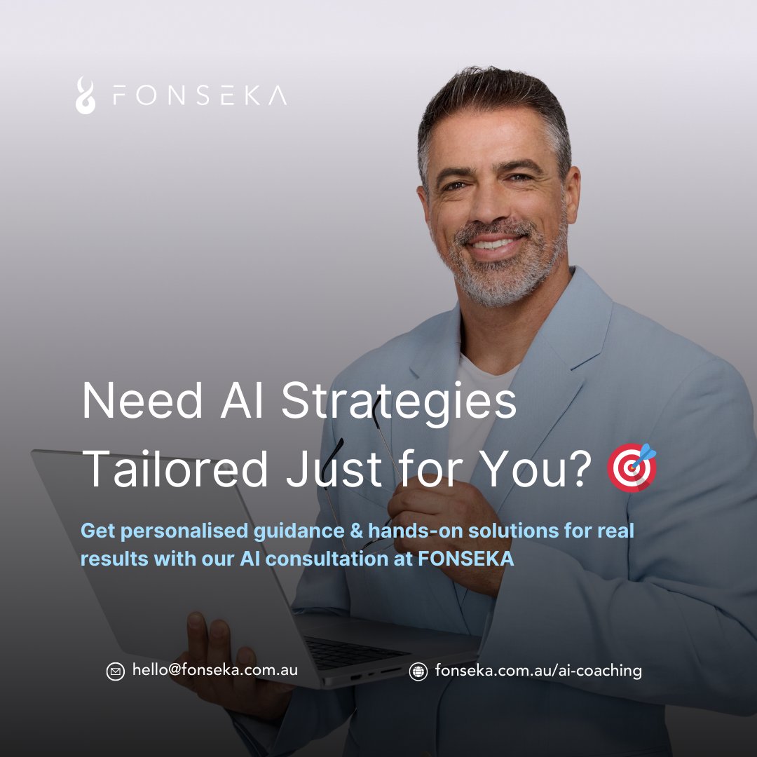 Fonseka_AU's tweet image. Unlock your business potential with our #AIConsultation 🚀. We deliver personalised guidance 🎯 and hands-on solutions for tangible results, ensuring future-proof expertise is always at your fingertips 🤌. Let&apos;s talk today! fonseka.com.au/ai-coaching

#AIResults #FutureProofAI