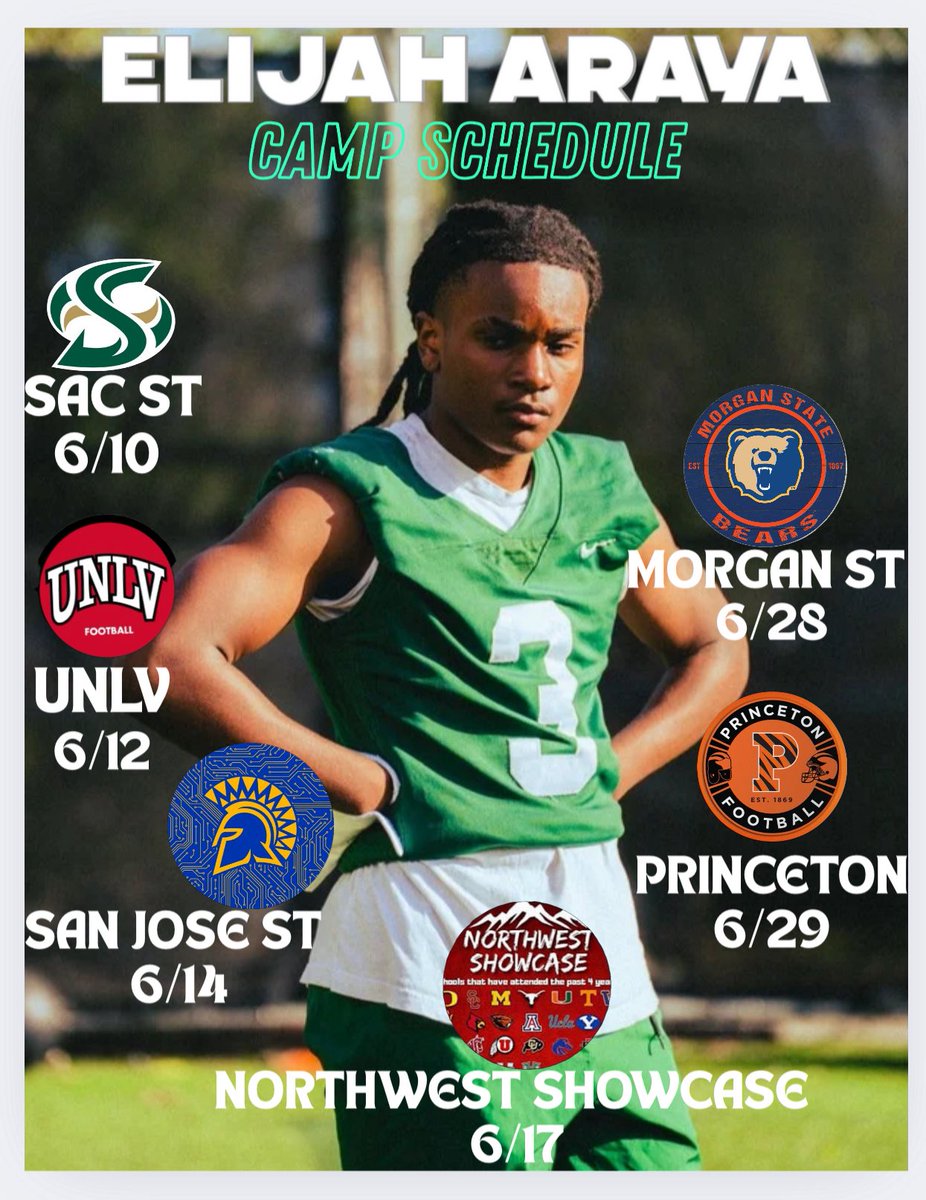 Elijah Araya (@elijaharay) on Twitter photo -2025 Summer Camp Schedule-
6/10 <a href="/SacHornetsFB/">Sac State Football</a>
6/12 <a href="/unlvfootball/">UNLV Football</a>
6/14 <a href="/SanJoseStateFB/">San José State Football</a>
6/17 <a href="/THENWSHOWCASE/">Northwest Showcase</a>
6/28 <a href="/MSUBearsFB/">Morgan State Football</a>
6/29 <a href="/PrincetonFTBL/">Princeton Football</a>
<a href="/BrandonHuffman/">Brandon Huffman</a> <a href="/On3sports/">On3</a> <a href="/adamgorney/">Adam Gorney</a> <a href="/TheMatt_V/">TheMatt_V</a> <a href="/evans_antoine/">Coach Antoine Evans</a> <a href="/CoachPatHolmes/">Coach Pat Holmes</a> <a href="/BigRioGLT/">Demario Carter (SHC Coach Rio)</a> <a href="/CoachFee10/">CoachFee10</a> <a href="/_kel2times/">Kel (Coach Kel)</a> -2025 Summer Camp Schedule-
6/10 <a href="/SacHornetsFB/">Sac State Football</a>
6/12 <a href="/unlvfootball/">UNLV Football</a>
6/14 <a href="/SanJoseStateFB/">San José State Football</a>
6/17 <a href="/THENWSHOWCASE/">Northwest Showcase</a>
6/28 <a href="/MSUBearsFB/">Morgan State Football</a>
6/29 <a href="/PrincetonFTBL/">Princeton Football</a>
<a href="/BrandonHuffman/">Brandon Huffman</a> <a href="/On3sports/">On3</a> <a href="/adamgorney/">Adam Gorney</a> <a href="/TheMatt_V/">TheMatt_V</a> <a href="/evans_antoine/">Coach Antoine Evans</a> <a href="/CoachPatHolmes/">Coach Pat Holmes</a> <a href="/BigRioGLT/">Demario Carter (SHC Coach Rio)</a> <a href="/CoachFee10/">CoachFee10</a> <a href="/_kel2times/">Kel (Coach Kel)</a>