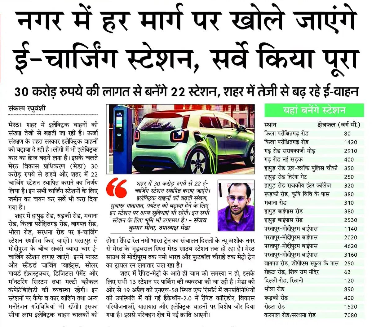 ऊर्जा संरक्षण के तहत सरकार इलेक्ट्रिक वाहनों (EV) को बढ़ावा दे रही है। लोगों में EV का क्रेज बढ़ने लगा है। इसके चलते मेरठ विकास प्राधिकरण ने ₹30 करोड़ से हाइवे और शहर में 22 चार्जिंग स्टेशन स्थापित कराने का निर्णय लिया है। 

#NayeBharatKaNayaUP