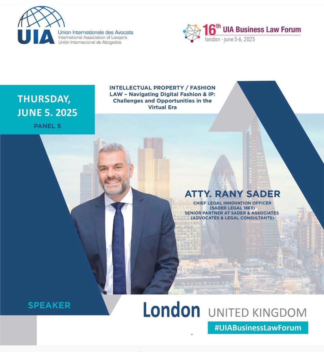London calling.
Excited to speak at the 16th UIA Business Law Forum on June 5 about Fashion Law &amp; IP in the digital age. #saderlaw #sader1863 #Fashionlaw #fashionlawarabia #UIABusinesslawForum