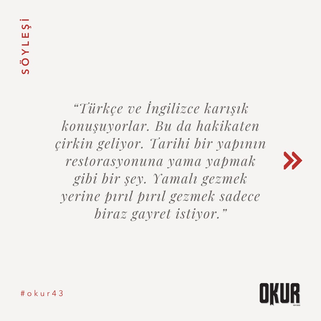 <a href="/seheraydindan/">Seher Aydın Yıldız</a> ile hem Türkçeyi güzel ve doğru konuşmanın gereklilikleri hem de dilimize sahip çıkmanın önemi hakkında Sevde Yaşar Çimen'in yapmış olduğu söyleşi #okur43'te.