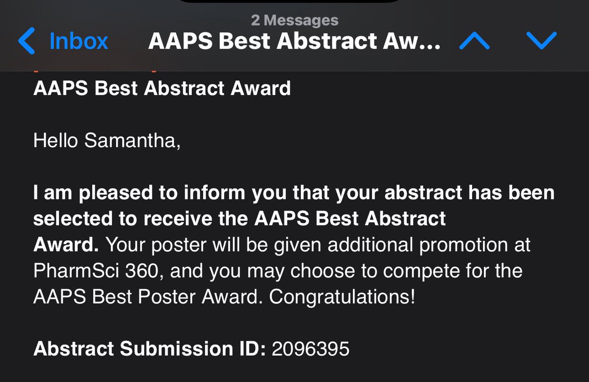 Congratulations to our PhD candidate Samantha for receiving the AAPS Best Abstract Award. Your poster will be given additional promotion at PharmSci 360, and you may choose to compete for the AAPS Best Poster Award. Way to go!🎉🎉🎉#AAPS#pharmSci360