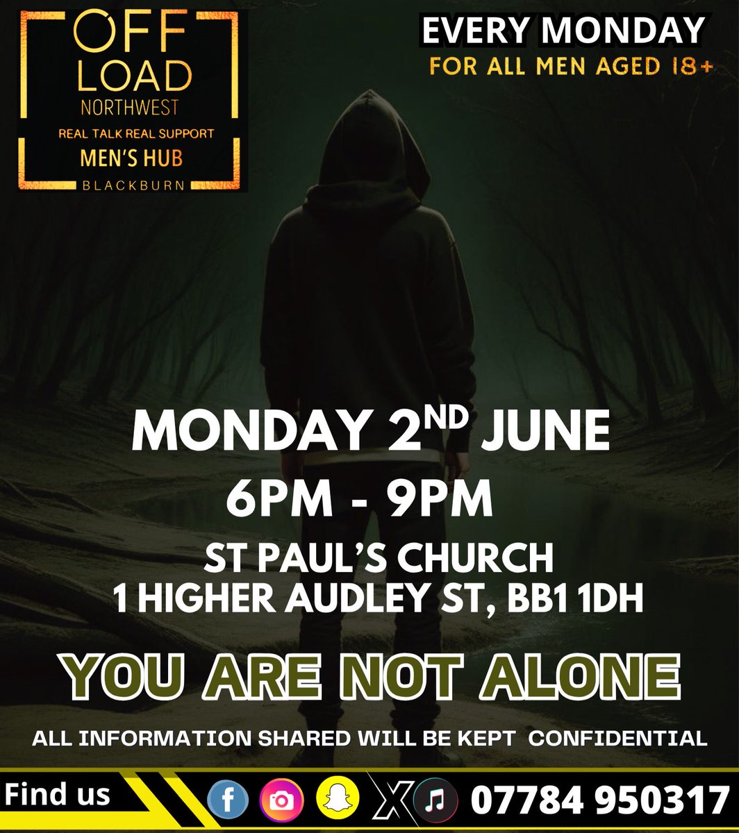 #OffloadNorthwest 
#MensHub 
#PeerToPeerSupport #MensMentalHealth 
#YouAreNotAlone 
#ConfidentialSupport 
#Blackburn 
#SupportForMen 
#MentalHealthMatters  
#MensSupport 
#CommunitySupport #MaleMentalHealth
#BreakTheStigma 
#SupportEachOther #MenSupportingMen