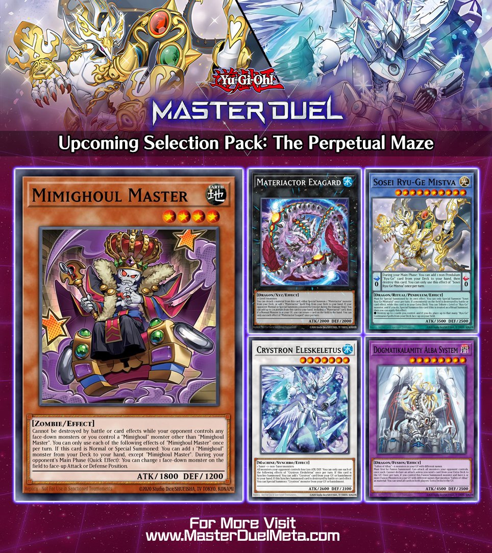 NEW Selection Pack: The Perpetual Maze has been announced for Yu-Gi-Oh! Master  Duel, releasing June 4th 2025! Mimighoul and Ryu-Ge make their Master Duel  debut, alongside new support for Crystron and Materiactor! #