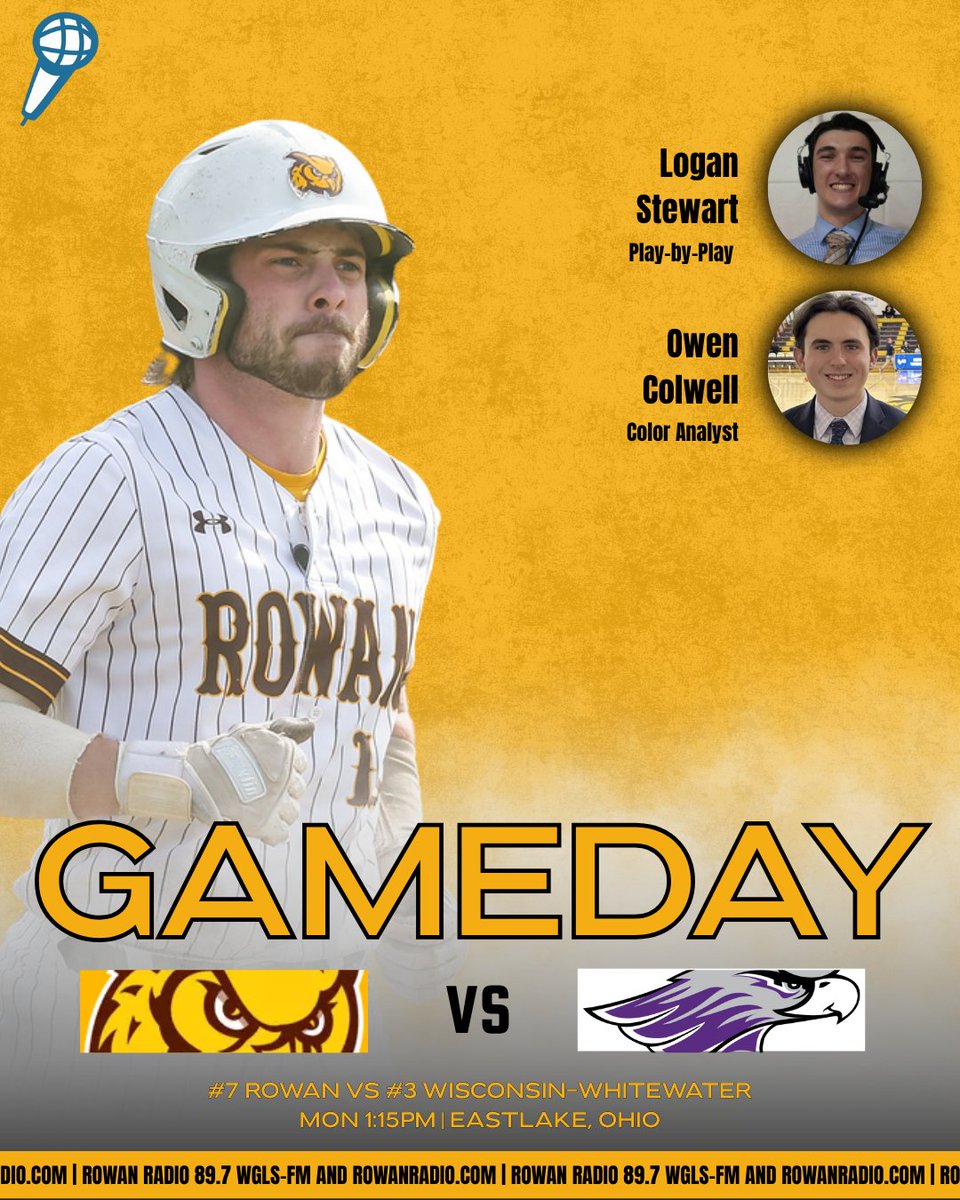 Rowan Radio Sports (@wglssports) on Twitter photo GAMEDAY!
<a href="/RowanBaseball_/">Rowan Baseball</a> continues DIII Baseball Championship Tournament play against #3 Wisconsin-Whitewater today at 1:15pm!
PBP: <a href="/_Logan_Stewart_/">Logan Stewart</a>
Color: <a href="/OwenTColwell/">Owen Colwell</a>
Producing: <a href="/Gerasimos76/">Gerasimos Gerovasiliou</a> and John Halwood
Live on Rowan Radio 89.7 WGLS-FM and rowanradio.com! GAMEDAY!
<a href="/RowanBaseball_/">Rowan Baseball</a> continues DIII Baseball Championship Tournament play against #3 Wisconsin-Whitewater today at 1:15pm!
PBP: <a href="/_Logan_Stewart_/">Logan Stewart</a>
Color: <a href="/OwenTColwell/">Owen Colwell</a>
Producing: <a href="/Gerasimos76/">Gerasimos Gerovasiliou</a> and John Halwood
Live on Rowan Radio 89.7 WGLS-FM and rowanradio.com!