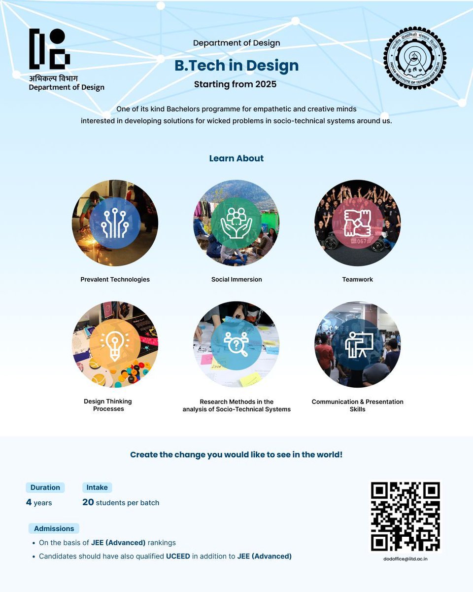 #IITDelhi launches #BTech in Design for #JEEAdvanced2025 qualified candidates 

UCEED qualification required; Programme staring from academic year 2025-26

Read more- shorturl.at/HiXz6

#ExperienceIITD
#IITDelhibyChoice