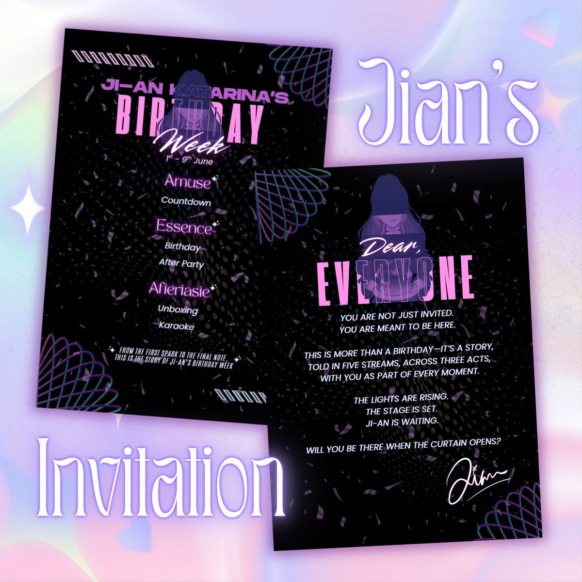jiankatarina's tweet photo. Dear Everyone,
Since you’ve received this invitation, that means you must drop by Ji-an’s Birthday Stream event🎂

🗓  : 1ˢᵗ - 9ᵗʰ June 2025
📍 : Ji-an Katarina Youtube Channel
🕑 : Waiting rooms TBA
📝 : https://t.co/sSwT2cEXcC

Sincerely,
Ji-an https://t.co/ok0RWjMG2r