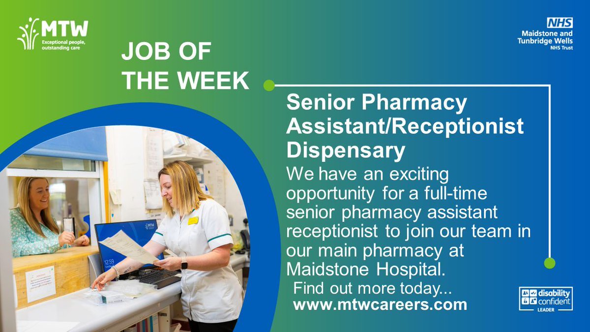 Job of the week!
Join our friendly, dedicated team at Maidstone Hospital’s main pharmacy! We’re looking for a motivated and enthusiastic Senior Pharmacy Assistant Receptionist who understands the importance of delivering exceptional customer service.
Apply now!