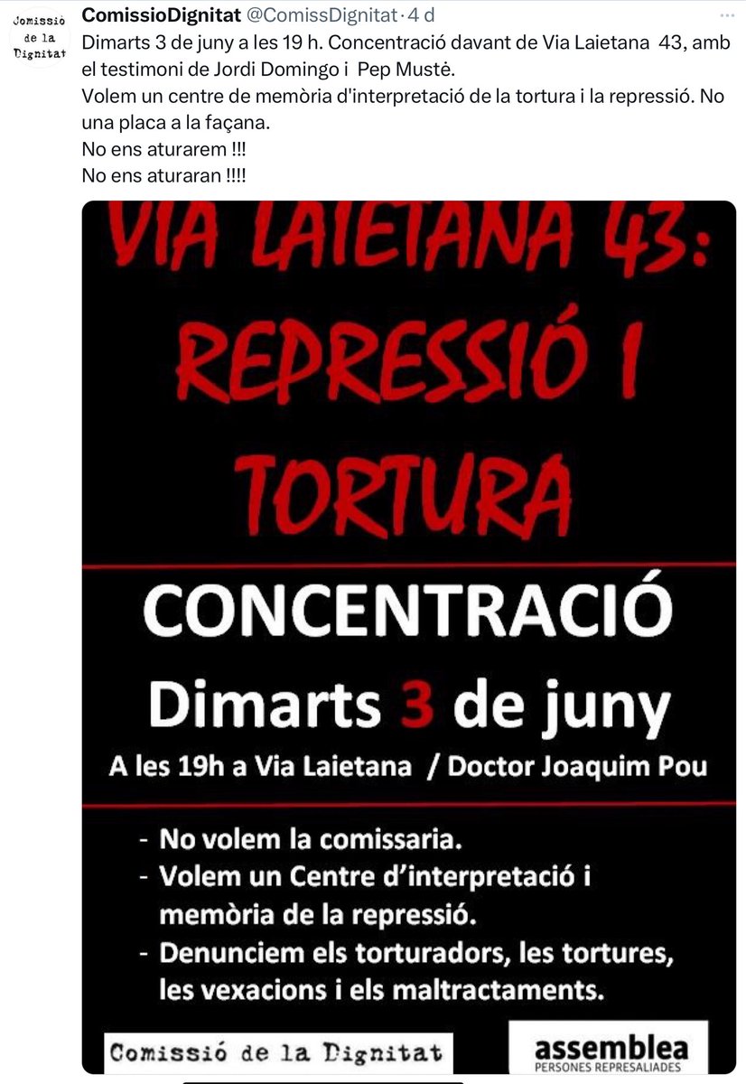 Immolats per la Llibertat a Catalunya (@immolats_cat) on Twitter photo #ViaLaietana43
76a Concentració
Convoquen <a href="/ComissDignitat/">ComissioDignitat</a> i <a href="/p_represaliades/">Persones Represaliades</a>
1r i 3r dimarts de mes
Per vivenciar i comprendre les violacions de #DDHH durant el franquisme, cal que tot l’edifici sigui un Centre d’Interpretació de la Tortura i #RepressióFranquista
#NoEnsAturarem #ViaLaietana43
76a Concentració
Convoquen <a href="/ComissDignitat/">ComissioDignitat</a> i <a href="/p_represaliades/">Persones Represaliades</a>
1r i 3r dimarts de mes
Per vivenciar i comprendre les violacions de #DDHH durant el franquisme, cal que tot l’edifici sigui un Centre d’Interpretació de la Tortura i #RepressióFranquista
#NoEnsAturarem