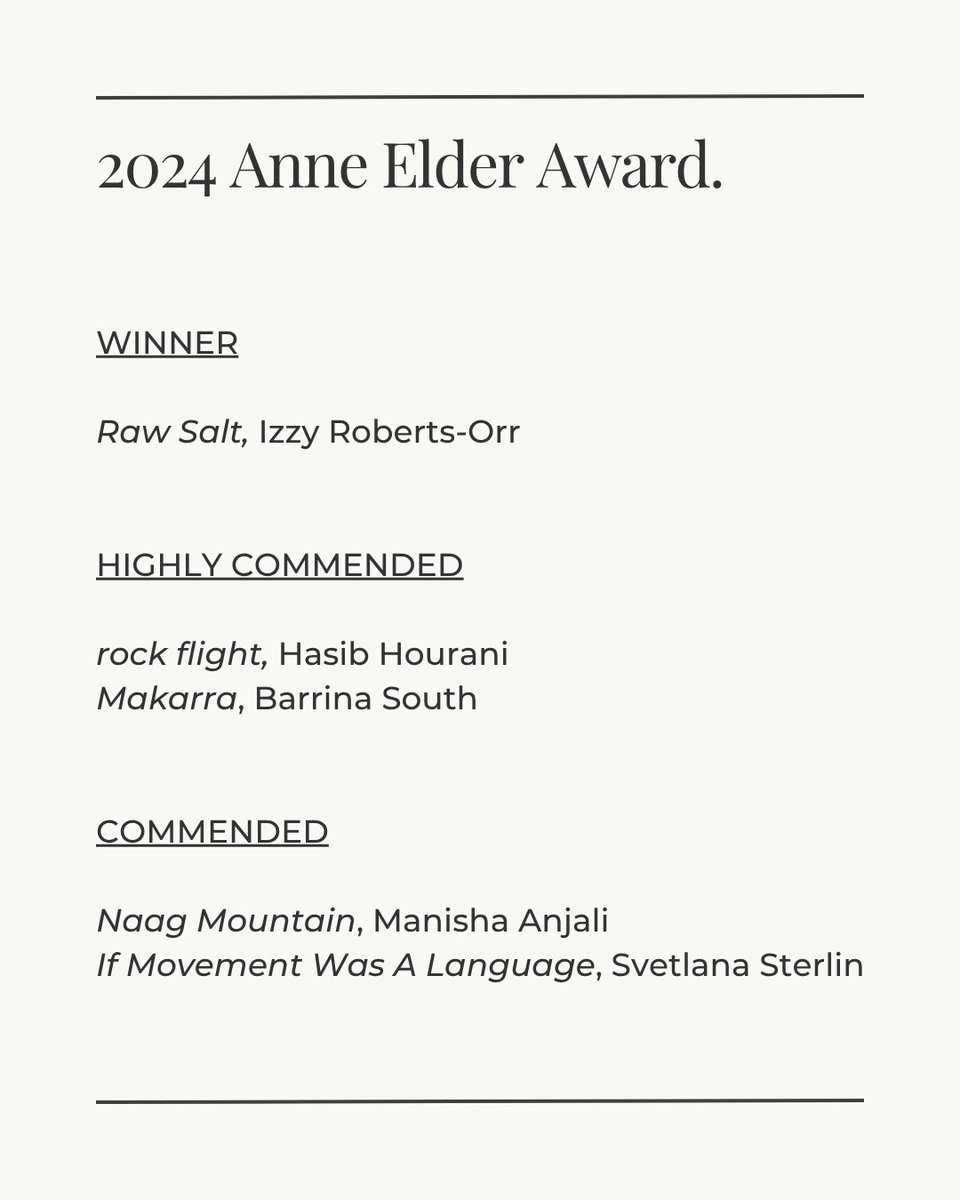 We’re excited to share that the winner of this year’s Anne Elder Award is Raw Salt by Izzy Roberts-Orr. Praised by judges as 'a magnificent collection of lyric craft and poetic invention.'