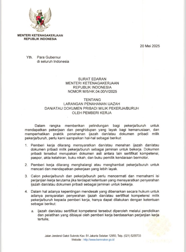 docyourbest's tweet photo. @tanyarlfes tahan ijazah gini biasanya turn over yang tinggi. turn over tinggi salah satunya karena company yang toxic. kalo aku mah skip. ga guna kayaknya ya surat edaran resmi pelarangan penahanan ijazah gini. https://t.co/2v0p9ZYjSq