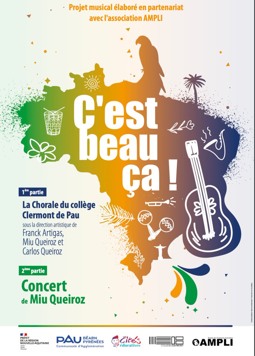 📌À noter dans vos agendas !
La Chorale inter-générationelle élèves et adultes du collège jouera son spectacle de fin d'année "C'est beau ça !" au Hédas à <a href="/Ville_Pau/">Pau, Capitale Humaine</a> 
🗓️ Vendredi 13 juin à 19h 
🪇Venez nombreux profiter des airs de Bossa Nova et de musique brésilienne!
<a href="/dsden64/">DSDEN64</a>