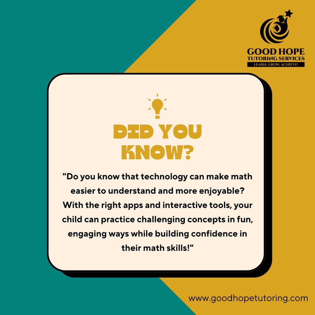 GoodHopeTutors's tweet image. &quot;Did you know technology can make math fun? 🎉 

With the right apps and tools, your child can master challenging concepts while enjoying the process! 

Visit goodhopetutoring.com to learn more! 

#MathMadeEasy #GoodHopeTutoring&quot;