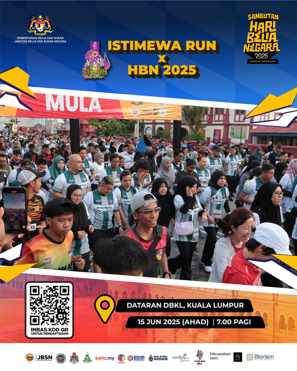 Bersedia utk gegarkan larian slay anda di Dataran DBKL? 

Jom sertai sebagai tanda kebersamaan kita dgn golongan istimewa serta pembudayaan gaya hidup aktif. Daftar dgn scan QRCode or klik bit.ly/ISTIMEWA25

#HBN2025 #YakinBoleh #TeamKBS #TeamJBSN #MalaysiaMADANI #RakanMuda
