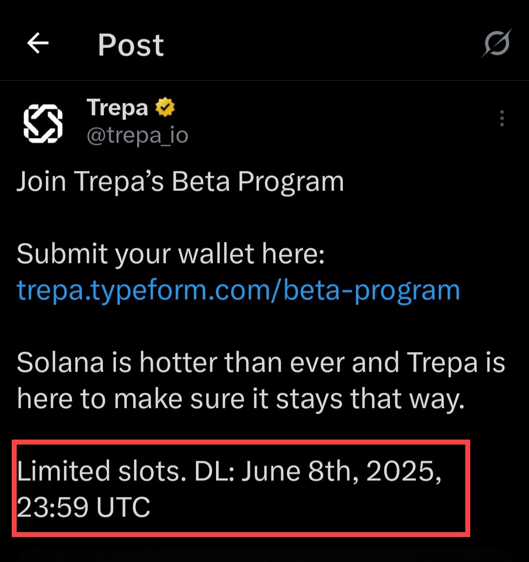 🚀 Join <a href="/trepa_io/">Trepa</a> Beta Program – Built on Solana! 🔥

🔹 Visit: trepa.typeform.com/beta-program
🔹 Submit your Solana wallet address
🔹 Complete a quick 2-min survey
🔹 Add referral: <a href="/0xZuxy/">Zuxy - influencer</a> 

Limited slots! ⌛

Deadline :- June 8th