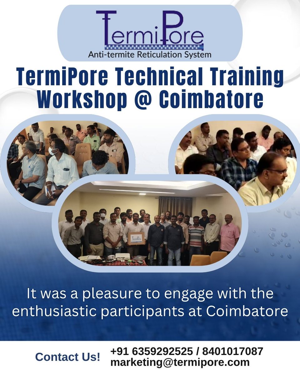 TermiPore Technical Training Workshop @ Coimbatore.

To know more call us at:
+91-6359292525 / 8401017087
marketing@termipore.com

[ Termipore, termite, anti-termite, soil treatment, pipe, porous pipe, termipore pipe, construction, building, pesticides, pest, pest control,]