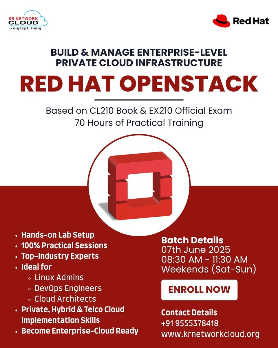 KRNetworkCloud1's tweet image. 🚀 Master Enterprise Cloud with Red Hat OpenStack!
📲 Call/WhatsApp: +91 9555378418
#RedHatOpenStack #CloudComputing #OpenStackTraining #DevOps #LinuxAdmin #HybridCloud #PrivateCloud #CloudArchitect #TechCertification #ITTraining #LearnCloud #CareerGrowth #InfrastructureAsCode
