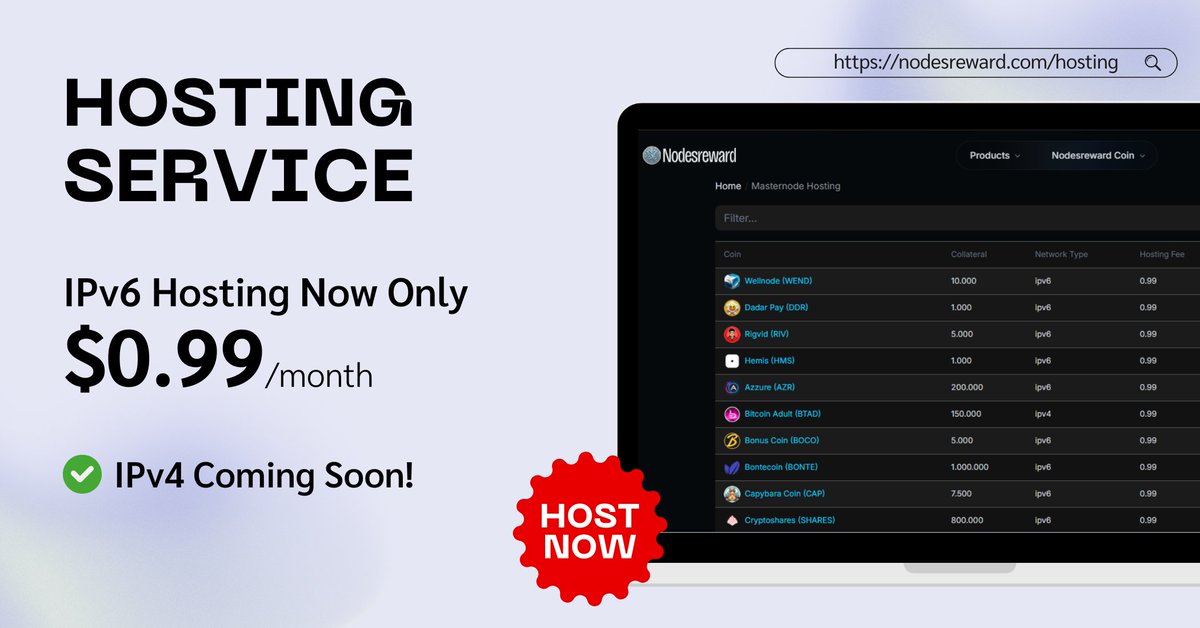 💸New price: IPv6 hosting now $0.99/month
⏳IPv4 support coming this week
🔗 nodesreward.com

#NRC #NRP #Announcement #masternode #hosting #service #platform #NEWS #CryptoNews #CommunityEngagement