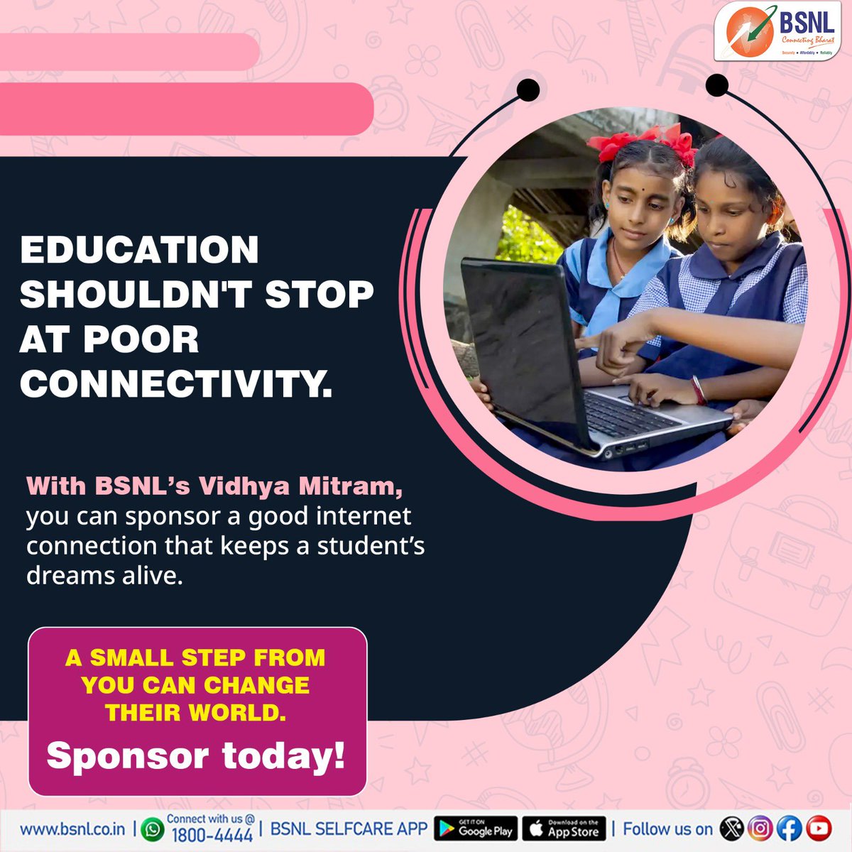 BSNLCorporate's tweet photo. BSNL Vidhya Mitram: Empower a Student’s Future by Sponsoring Internet Access.
Bridge the Digital Divide Today.
For more details visit : https://t.co/djciWQuDyT
#BSNL #Education #VidhyaMitram #EducationForAll #DigitalIndia #SwitchToBSNL https://t.co/0CooF2A4vX