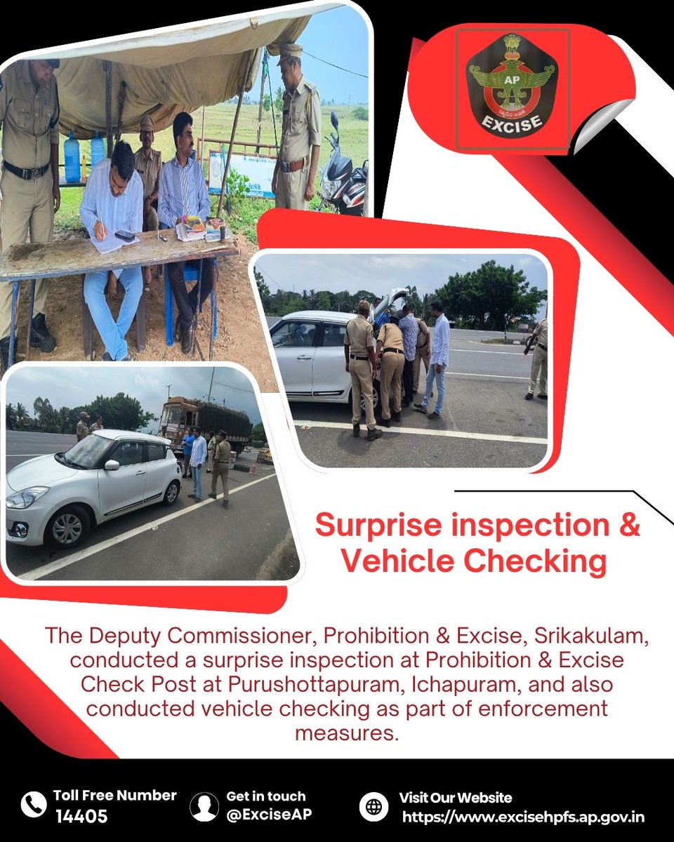 exciseAP's tweet image. 🚨 Surprise Inspection in Action
The Deputy Commissioner, Prohibition &amp;amp; Excise, Srikakulam, conducted a surprise inspection at the Prohibition &amp;amp; Excise Check Post in Purushottapuram, Ichapuram.
#ExciseAP #Srikakulam #FieldInspection #CheckPost #PublicSafety #AndhraPradesh