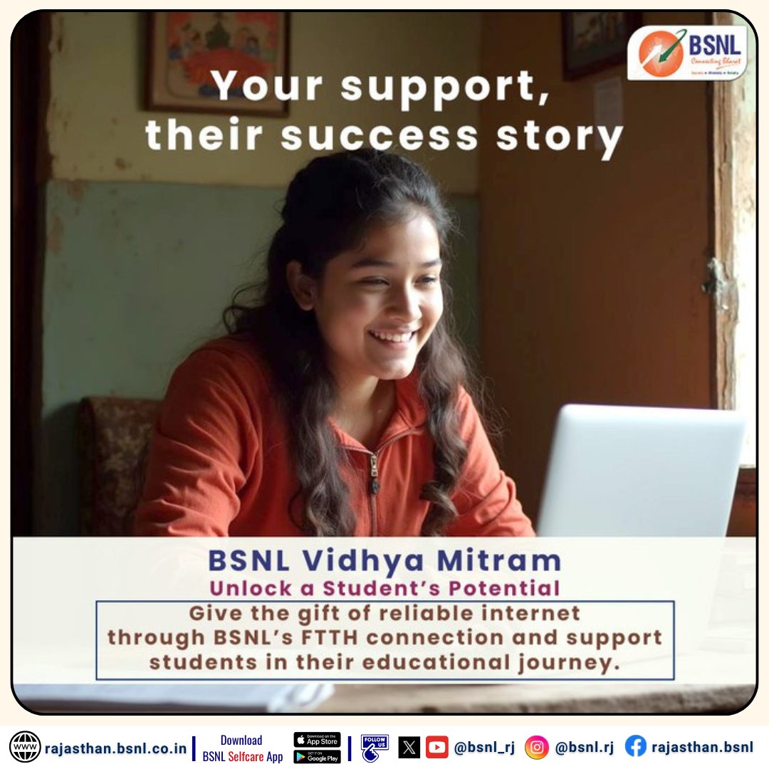 Empower a dream, enable a future.
With BSNL Vidhya Mitram, your support brings reliable internet to students and helps them thrive in their educational journey.
Visit our website for more info: bsnl.co.in/internalpage/v…… #BSNLIndia #VidhyaMitram #BrightFutures