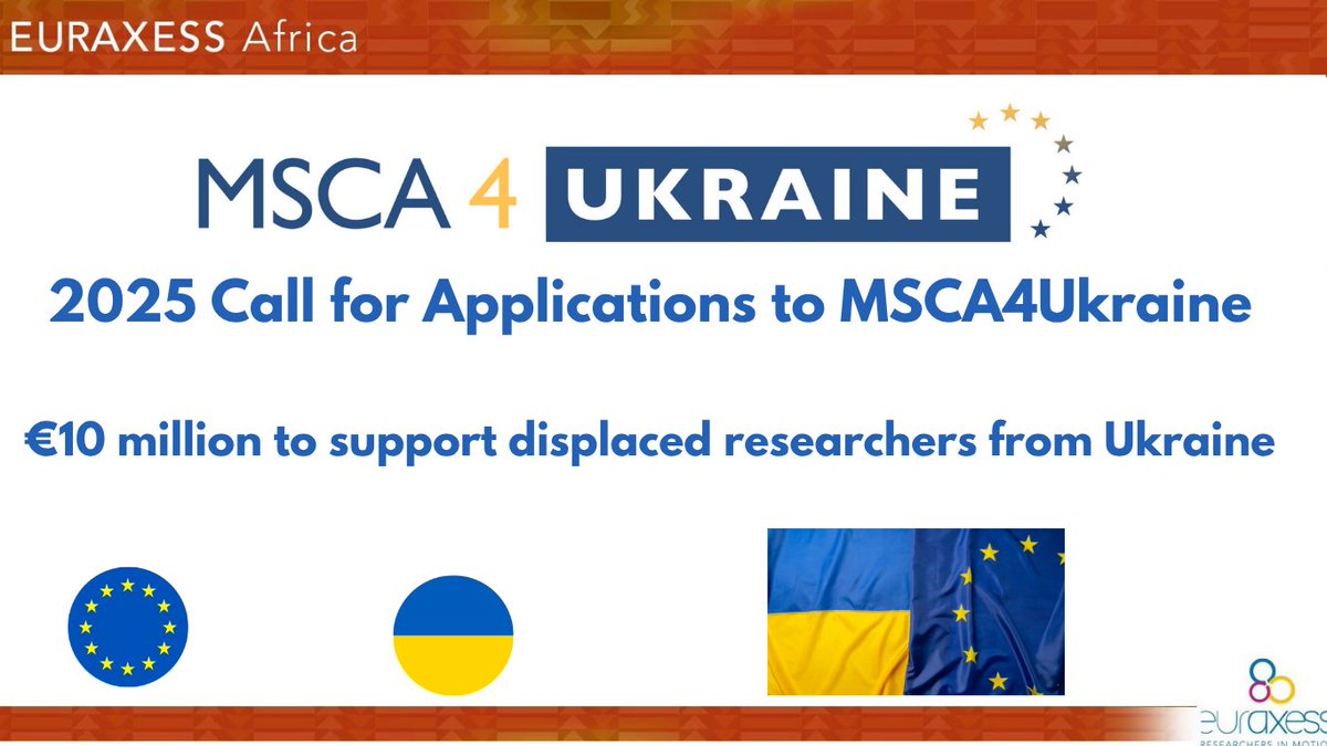 EURAXESS Africa (@euraxessafrica) on Twitter photo ๐ โฌ10 Million Call Open for 2025 #MSCA4Ukraine fellowship scheme, offering doctoral and postdoctoral fellowships to displaced researchers from Ukraine.
๐
Deadline for applications: 16 September 2025
๐ More here: lnkd.in/dmE8pXZ4
<a href="/EURAXESSAfrica/">EURAXESS Africa</a> ๐ โฌ10 Million Call Open for 2025 #MSCA4Ukraine fellowship scheme, offering doctoral and postdoctoral fellowships to displaced researchers from Ukraine.
๐
Deadline for applications: 16 September 2025
๐ More here: lnkd.in/dmE8pXZ4
<a href="/EURAXESSAfrica/">EURAXESS Africa</a>