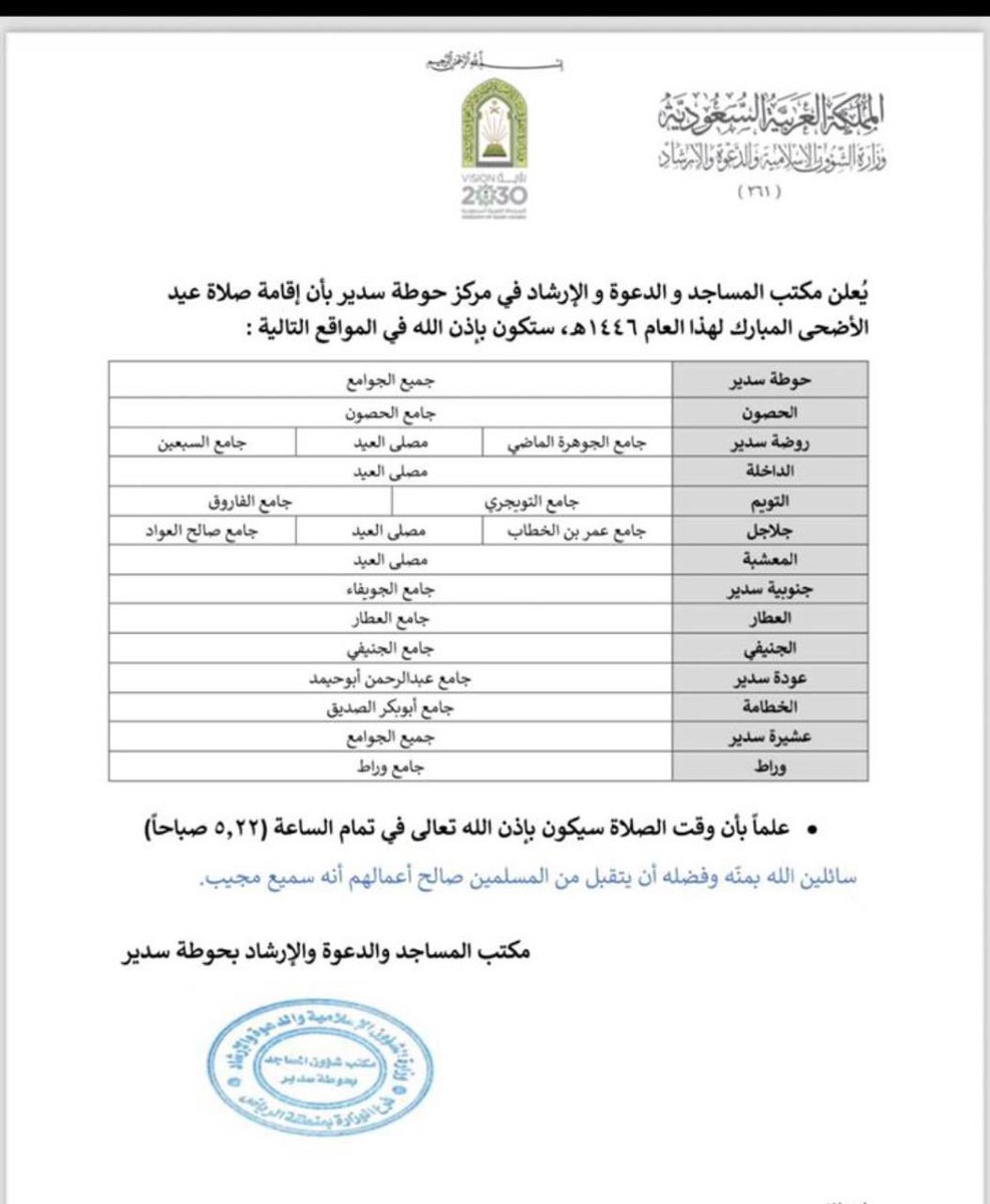 twaim_sudayr's tweet image. موعد إقامة صلاة عيد الأضحى لهذا العام ١٤٤٦هـ الساعة ٥:٢٢ دقيقة صباحاً .
في المواقع التالية :