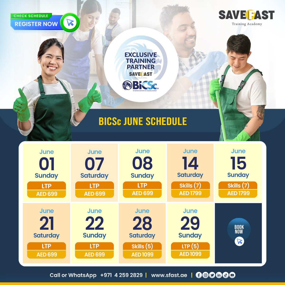 save_fast's tweet image. JUNE BICSc Training Schedule is out!
Weekend classes now available for your convenience.
Learn from certified experts and boost your career in cleaning science.
Limited seats—register now!
📞 +971 4 259 2829
🔗 sfast.ae/courses/bicsc-…
#BICSc #CleaningIndustry #Dubai