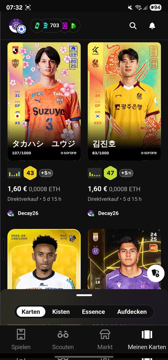 Hey guys ✌️

I am selling some of my cards in #sorare 👀🔥
Special Editions and many more 😉

Make sure to check them out: sorare.com/en-gb/football…

Under all who 💜 + RT this, i will give away a card from my gallery 👀