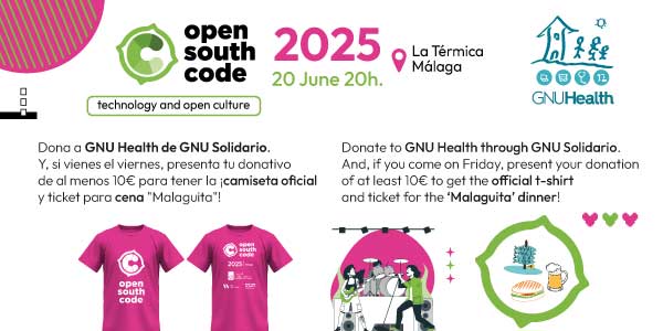 OpenSouthCode (@opensouthcode) on Twitter photo 🫶 Dona a <a href="/gnuhealth/">GNU Health (@gnuhealth@mastodon.social)</a> <a href="/gnusolidario/">GNU Solidario (@gnusolidario@mastodon.social)</a> y transforma la salud pública & health 🌍
Colabora con free science & medicina social en #OpenSouthCode25
👕T-shirt + dinner "malaguita" 🐟🍻 Gracias <a href="/CervezaVictoria/">Cervezas Victoria</a> & live music Picky Pressure 🎶
👉 eventbrite.es/e/opensouthcod… 🫶 Dona a <a href="/gnuhealth/">GNU Health (@gnuhealth@mastodon.social)</a> <a href="/gnusolidario/">GNU Solidario (@gnusolidario@mastodon.social)</a> y transforma la salud pública & health 🌍
Colabora con free science & medicina social en #OpenSouthCode25
👕T-shirt + dinner "malaguita" 🐟🍻 Gracias <a href="/CervezaVictoria/">Cervezas Victoria</a> & live music Picky Pressure 🎶
👉 eventbrite.es/e/opensouthcod…
